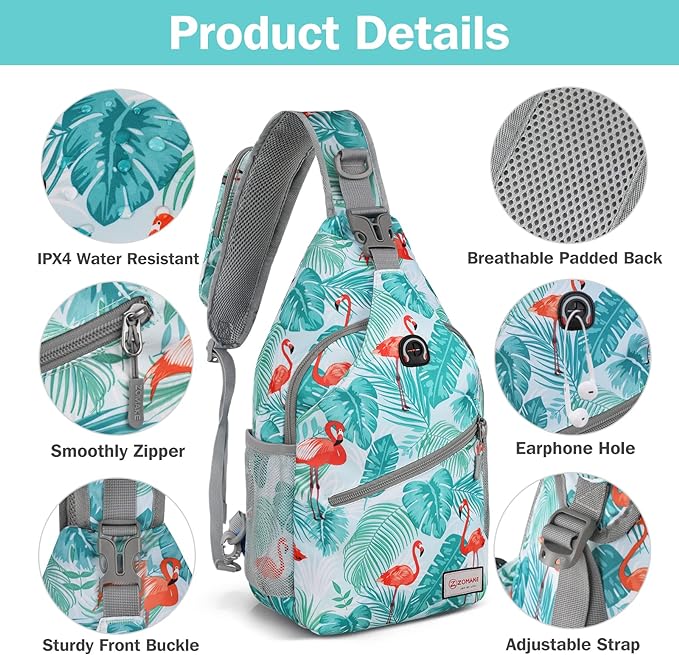 ZOMAKE Sling Bag for Women Men, Small Crossbody Sling Backpack, Mini Water Resistant Shoulder Daypack for Travel, Anti Thief Chest Bag for Hiking, Sports(Flamingo Blue)