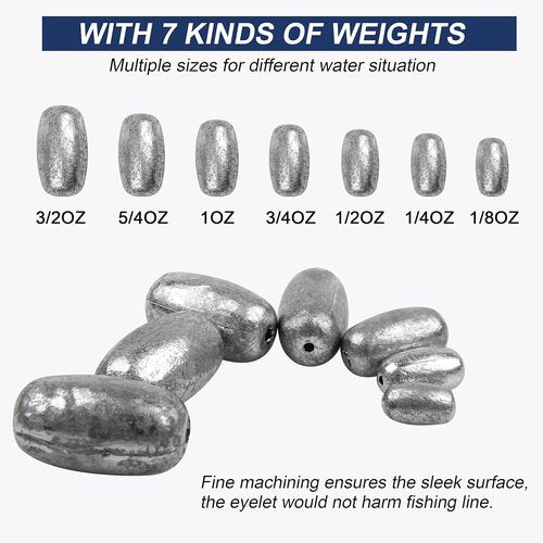 Fishing Egg Sinker Weights Kit, 42pcs Saltwater Fishing Weights Assortment Oval Drop Bass Casting Worm Weights Tackle for Saltwater Freshwater Fishing