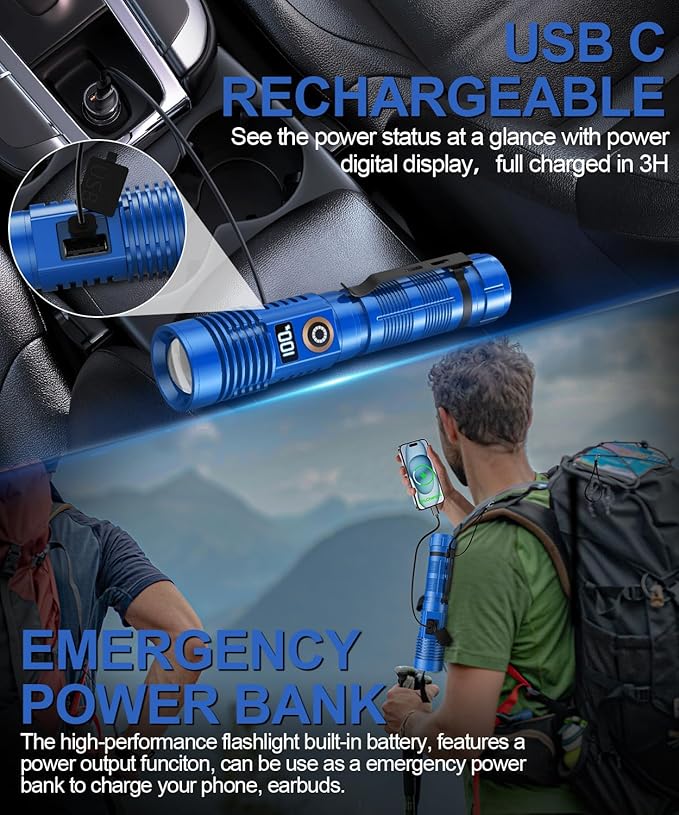Rechargeable Flashlight High Lumens-12000LM Super Bright Magnetic Flash Light with Power Digital Display,3280Ft Long Range,Dimmable,Waterproof,Pocket Tactical LED Flashlights for Emergency, Blue, 1PC