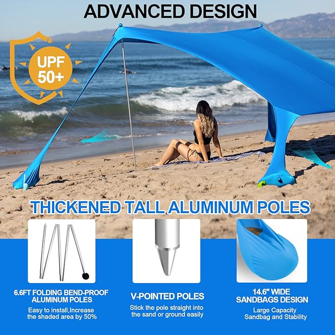 Buheco Beach Tent Pop Up Shade 10x10ft Beach Canopy Sun Shelter UPF50+ with 4 Foldable Poles-Portable Carrying Bag-Sand Shovel-Ground Pegs-Windproof Ropes for Outdoor Family Camping-Fishing-Picnic