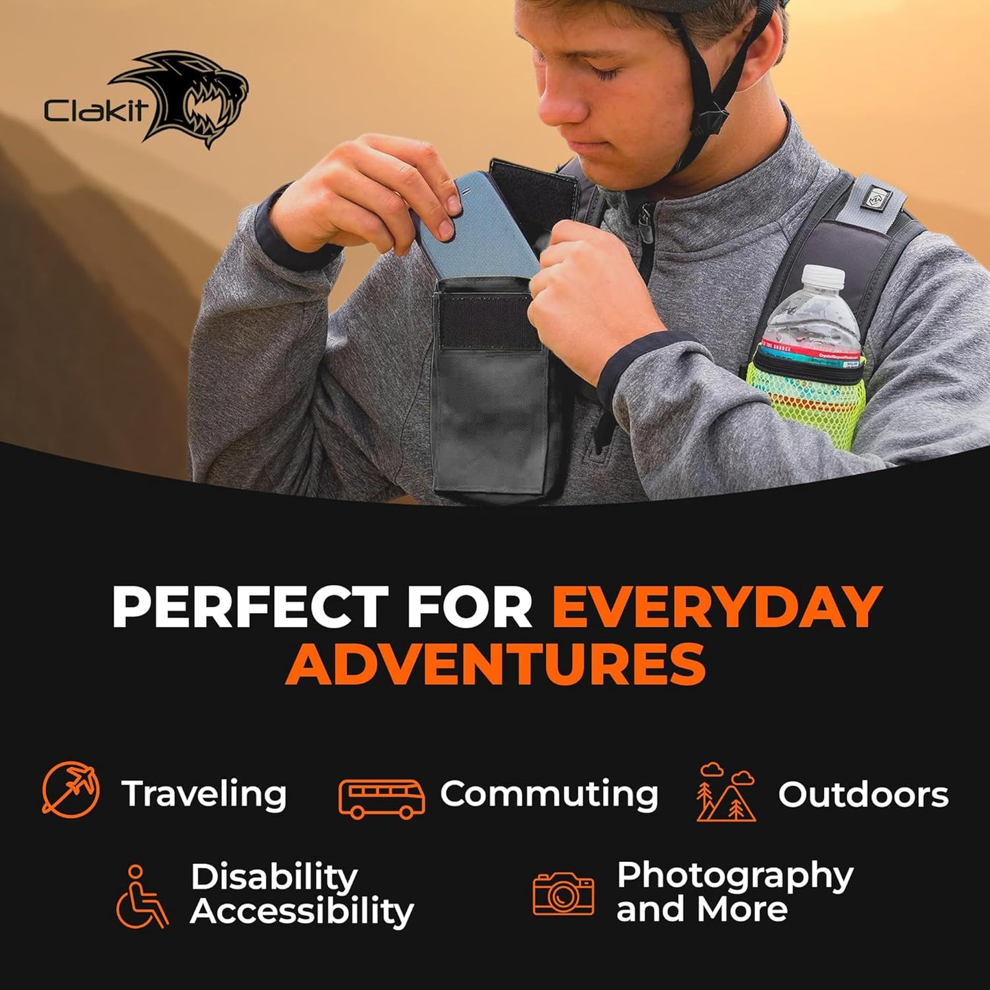 Phone Holster with Clip - Hook Loop Nylon Cellphone Holster Compact Pouch, Backpack Shoulder Strap Accessory Pouch - Multifunctional Black StrapPack Pouches for Hikers, Travelers & Commuters