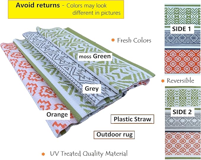 BalajeesUSA Outdoor Rugs–9x18 Plastic Patio Decor Green, Orange, Durable and Affordable Recycled Straw Picnic All-Weather and Waterproof Reversible Camper Awning mats 7742