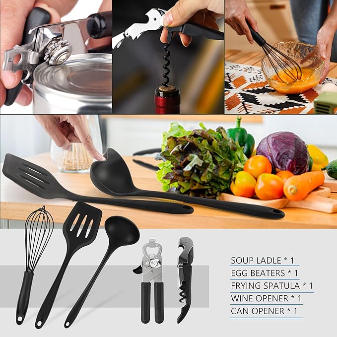 Camping Cooking Essentials Utensils Set - Camp Cookware Kitchen Accessories Kit, Camper Gear Must Haves, Stainless Steel & Silicone, RV Car Portable Outdoor Equipment Tool
