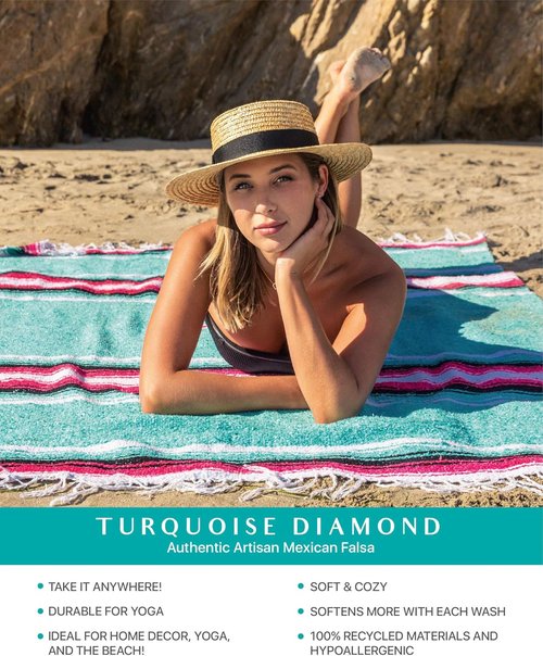 Benevolence LA Mexican Saddle & Outdoor Blanket, Handwoven by Traditional Artisans - Aqua, 75 x 52