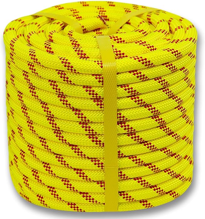 Double Braided Arborist Rope (1/2 in x 200 ft) Polyester Rope Bull Rope 48 Strands for Tree Work Climbing Pulling Swing Sailing, Fluorescent Yellow/Red