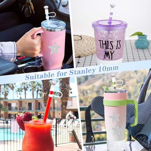 Etyishe 8 Pcs Cup Accessories Set for Cup 40&30oz,Including Diamond Straw Cover,Glitter Silicone Boot,Glitter Heart Charms for Handle and 5pcs Rhinestone Star Stickers for Tumblers(Silver)