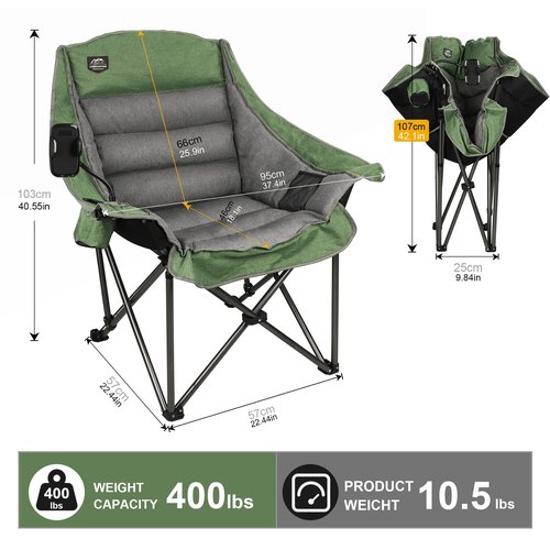 LANMOUNTAIN Oversized XL Folding Camping Chair,Heavy Duty Support 400Lbs,Large Comfy Padded Camp Chair for Adults,Lawn Arm Chair w/Cup Holder,Phone Holder,Carry Bag Perfect for Outdoor (Green)