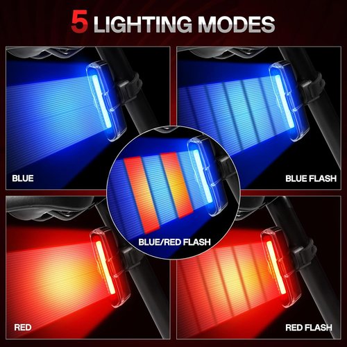 Bike Tail Light Powerful 110 Lumens - Bike Lights 5 Modes Red/Blue, Waterproof IP64, Rechargeable USB-C, Quick Release Brackets for Saddle & Seatpost, DON PEREGRINO B2 Bicycle Lights