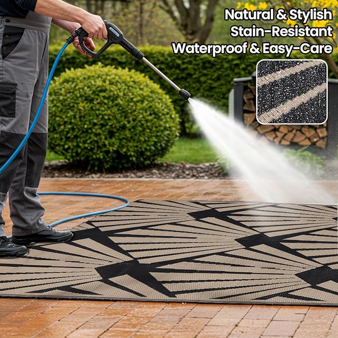 Outdoor Rug for Patio, 6x9 Ft Reversible Outdoor Plastic Straw Rug Waterproof Foldable Camping Mat with Uv Protection, Quick-Dry Straw Patio Carpet for Deck Rv Porch Backyard - Black & Brown