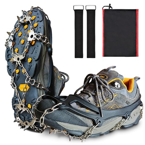 Ice Cleats Crampons - 24 Stainless Steel Spikes for Secure Traction and Safety on Snow and Ice - Ideal for Hiking, Fishing, Walking, Climbing, and Mountaineering (Large)