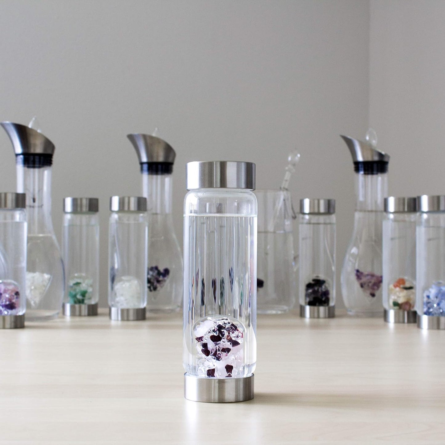 VitaJuwel ViA LUNA | Crystal Water Bottle with Rainbow Moonstone and Clear Quartz for Intuition, Empathy, Femininity