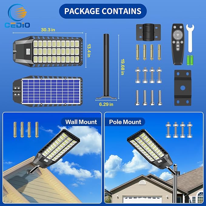 CEDIO Solar Street Lights Outdoor, 9800W Solar Lights Outdoor, 450000 Lumens LED Street Light Waterproof IP67 Dusk to Dawn,LED Flood Light with Motion Sensor (9800W-1PC)