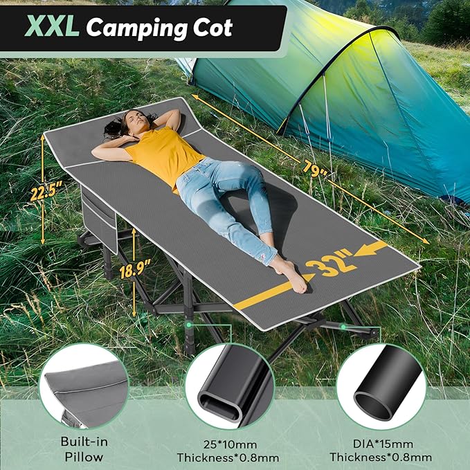 Slendor XXL Camping Cot for Adults, 79"x32"x19" Oversized Folding Cot with Mattress, Heavy Duty 500lbs Support, Portable Carry Bag for Travel, Guest & Outdoor Use