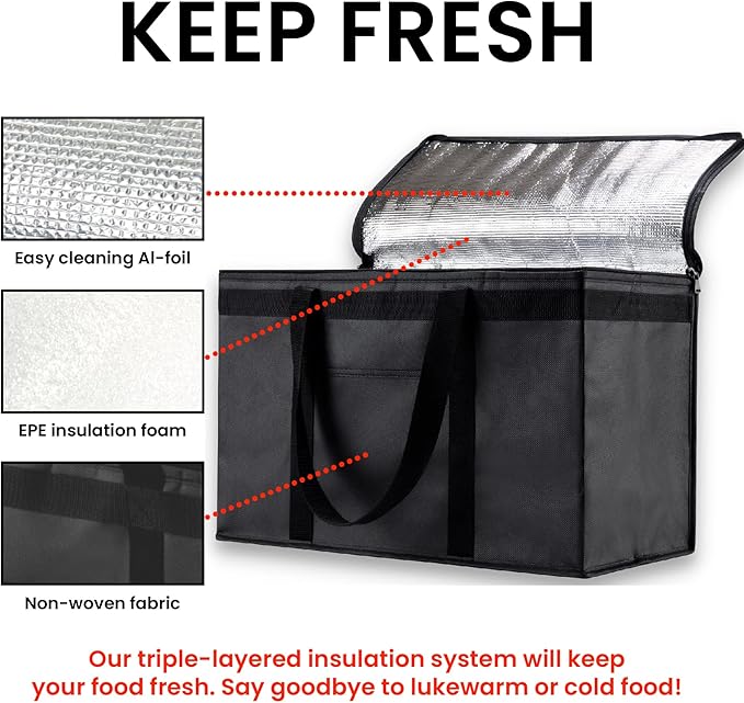NZ home Insulated Cooler Bag and Food Warmer (XXL, 2 Pack) for Delivery & Grocery Shopping with Zippered Top, Black