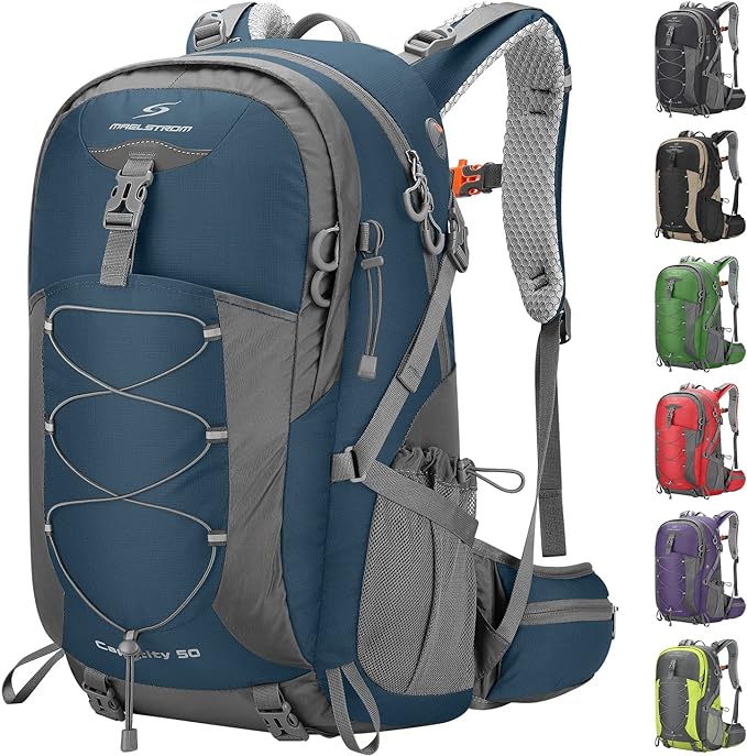 Maelstrom Hiking Backpack,Camping Backpack,50L Waterproof Hiking Daypack with Rain Cover,Lightweight Travel Backpack,Blue