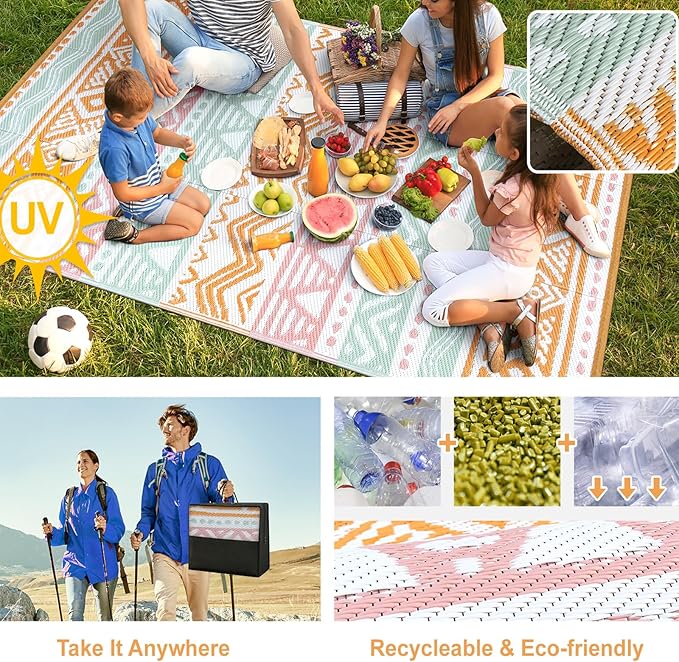 Lahome Outdoor Rug Waterproof, 5x8ft Reversible Outdoor Plastic Straw Rug for Camping Patio, RV Outdoor Rugs Outside, Outdoor Carpet for Porch Deck Backyard Balcony Picnic(Pink/Orange,5'x 8')