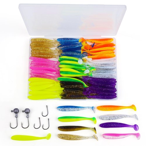 Soft Fishing Lures，90pcs Fishing Soft Plastic Lures and 5pcs Fishhook,Paddle Tail Swimbaits Soft Plastic Lures Kit for Bass Trout Walleye Crappie