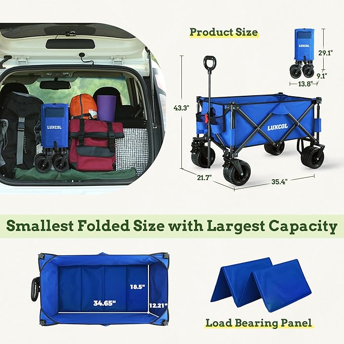LUXCOL Collapsible Folding Wagon, Heavy Duty Utility Beach Wagon Cart for Sand with Big Wheels, Adjustable Handle&Drink Holders for Shopping, Camping,Garden and Outdoor