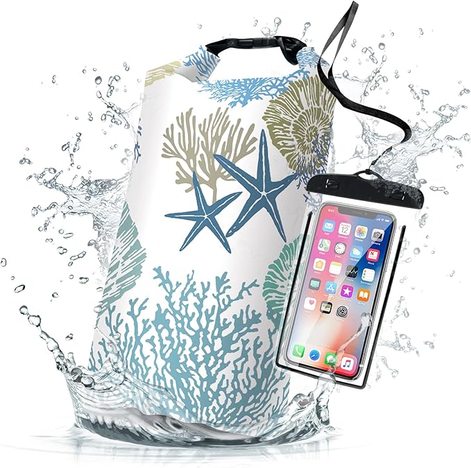 Waterproof Dry Bag,Roll Top Nautical Coastal Ocean Beach Seashell Starfish Waterproof Backpack 5L/10L/20L Floating Lightweight Bags for Kayaking, Boating, Swimming Camping with Waterproof Phone Case