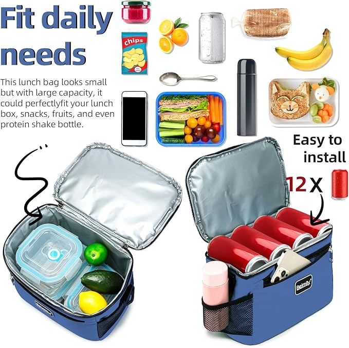 BEIMILY Lunch Box for Men/Women,Small Insulated Lunch Bag,Reusable LunchBox for work Picnic Hiking Beach,Leakproof Soft Cooler Tote Bag Organizer with Adjustable Shoulder Strap for Adults(Navy Blue)
