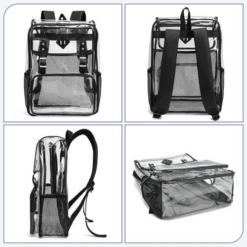 NEOREAL Clear Backpack Large Capacity Heavy Duty Transparent PVC Backpack with Leather Trim for Women College Work Travel