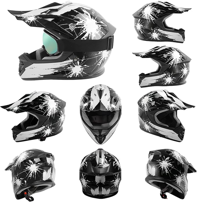 TCT-MOTORPARTS DOT Youth Kids Motocross ATV Helmets Offroad Street Dirt Bike Go-Kart BMX MX Full Face Helmet Black w/White Fireworks X-Large Size