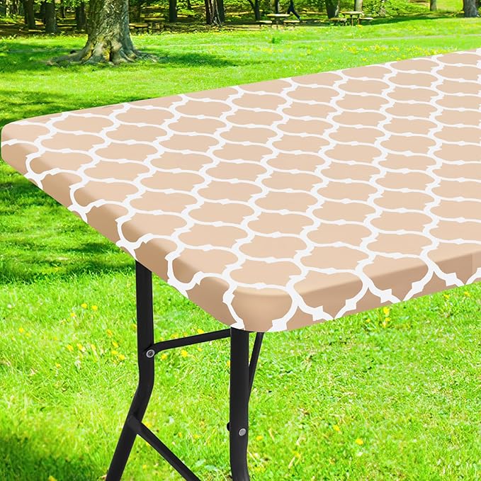 Smiry Rectangle Picnic Table Cover, Waterproof Elastic Fitted Camping Tablecloths for 8 Foot Tables, Wipeable Flannel Backed Vinyl Tablecloth Protector for Indoor, Outdoor (Khaki, 30x96 Inches)