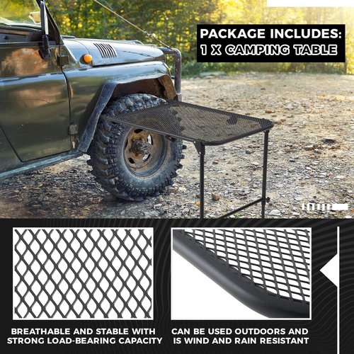 Pasimy Vehicle Tire Mounted Steel Camping Table Adjustable Travel Camping Table 40'' x 20'' x 33'' for Car Camping Picnic Camp Outdoor Cooking BBQ and Party Favor