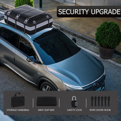 Car Rooftop Cargo Bag Carrier, Soft Roof Top Luggage Bag for All Vechicles with/Without Rack - with Waterproof Zip, Anti-Slip Mat, Luggage Lock, Storage Bag, Door Hooks, 21 Cubic Feet （Gray-Black）
