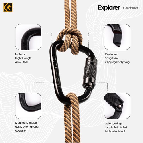 GDK2 Explorer CE Certified 50kN Screwgate Locking Carabiner in Size 4.33 x 2.68 inch, Heavy-Duty Carabiners for Climbing, Mountaineering, and Rappelling, Alloy Steel, Midnight Black,1 Pack