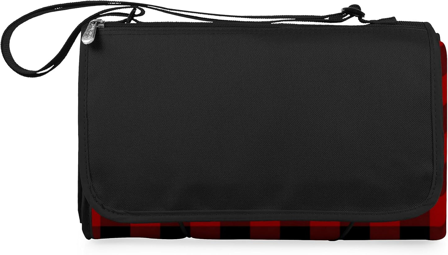 ONIVA by Picnic Time Outdoor Picnic Blanket Tote, 59"x51" Foldable Beach & Camping Blanket with Soft Fleece, Water-Resistant Bottom, Adjustable Strap & Zippered Pocket (Black Tartan, Black Flap)