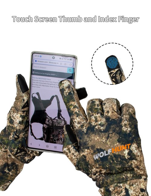 WOLFHUNT Camouflage Hunting Gloves Light Weight Full Finger, Men/Women Anti-Slip Camo Archery Gloves Touch Screen