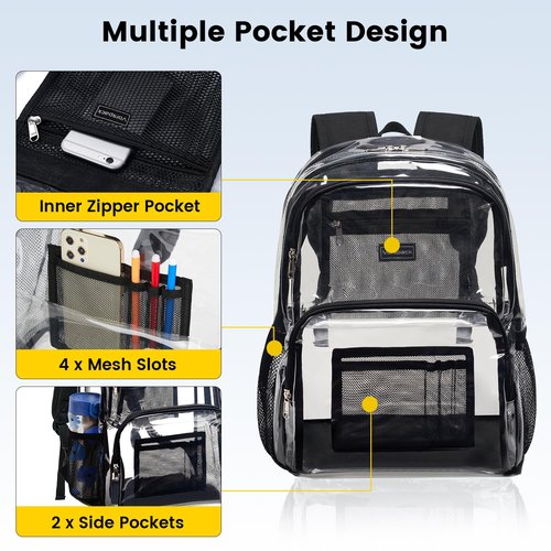 Vorspack Clear Backpack Heavy Duty - Large Clear Bookbag Transparent See Through Backpack Plastic Backpacks for College Work Travel - Black