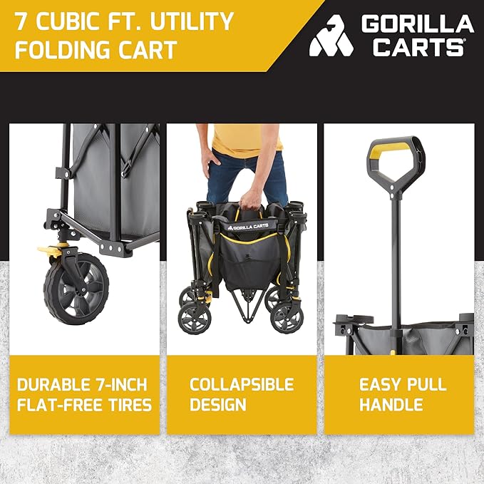 Gorilla Carts Collapsible Folding Utility Wagon Cart w/Oversized Bed, 7 Cu Ft, Gray - 150 lb Capacity Outdoor Wheelbarrow w/Zipper Pockets & Built-in Cup Holders for Beach, Camping & Picnic