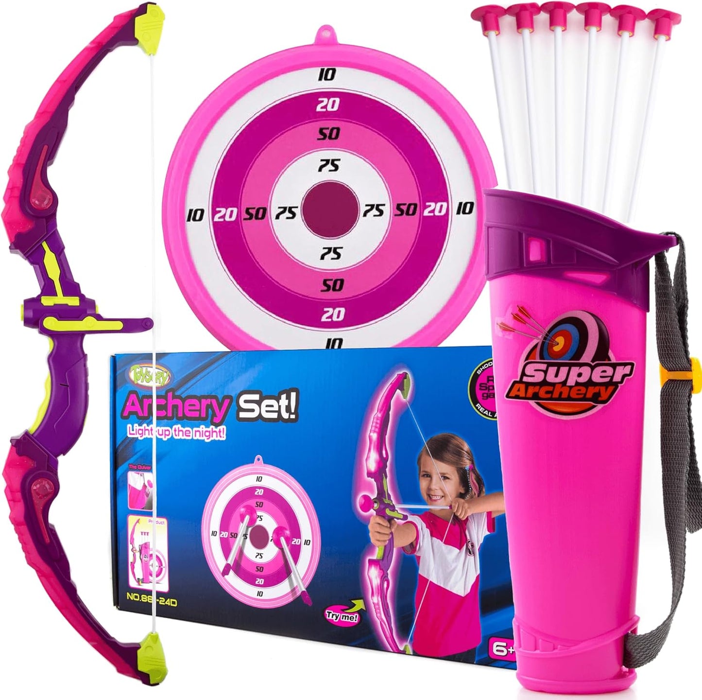 Toysery Kids Archery Set with LED Flash Lights, Toy Bow and Arrow Set for 6-8 Years Old Boys, Includes Archery Bow, 6 Archery Arrows, Target, Quiver - Great for Youth Practice