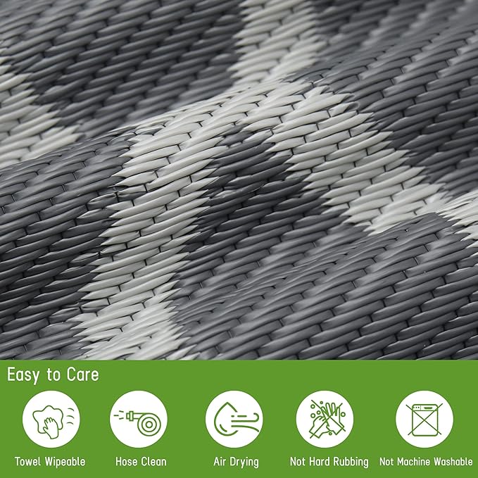 Easy-Going Reversible Outdoor Rugs 5x8ft Waterproof Plastic Straw Rug Stain & UV Resistant Floor Mat for Patio Porch RV Backyard Pool Deck Picnic Beach Trailer Camping (Moroccan Grey & Light Grey)