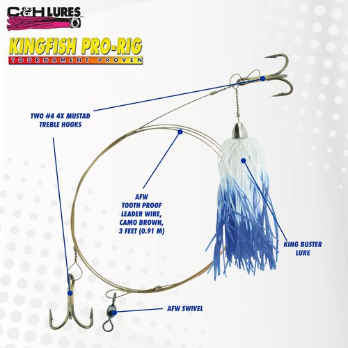 C&H Lures, King Buster Kingfish Pro-Rig, 1/8 oz Head, White/Blue Mylar Skirt, Two #4 4X Treble Hooks, Swivel, Stainless Steel Single Strand Leader Wire, 3 ft