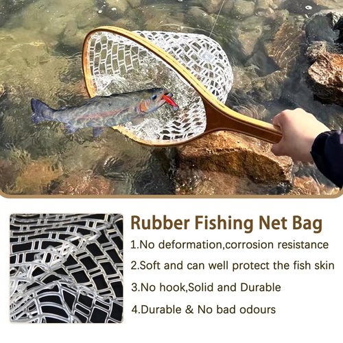 SEASPRO Fly Fishing Landing Net Trout Soft 23.62in Rubber Catch and Release Fish Net with Wooden Handle Frame Magnetic Fly Fish Net