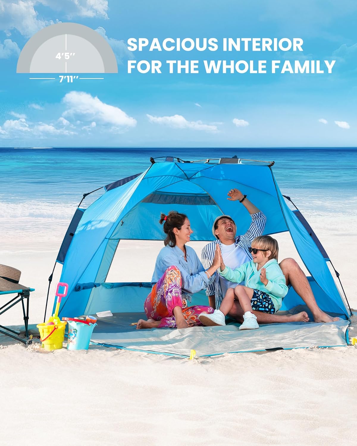 OutdoorMaster Beach Tent Sun Shelter for 3-4 Person, Pop Up Beach Tent Easy Setup with Sandbags, Portable Sun Shade Canopy with Carrying Bag for Beach & Outdoor, UPF50+ UV Protection, Family Size