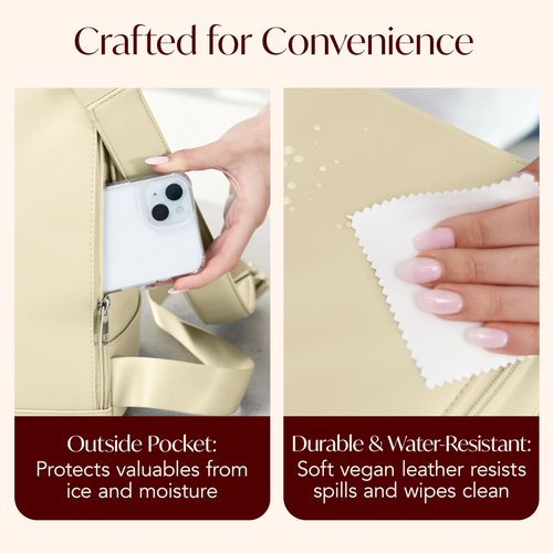 Insulated Cooler Backpack with 2 Stainless Steel Wine Tumblers – Leakproof & Spillproof Stylish Vegan Leather Picnic Cooler Bag – Lightweight & Portable – Holds 24 Cans or 6 Wine Bottles (Beige)