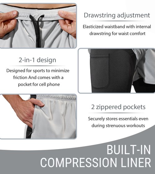 SILKWORLD 2 Pack Men's 2 in 1 Running Shorts Stretch Athletic Workout Gym Compression Shorts with Pockets, Black/Dark Grey, Large