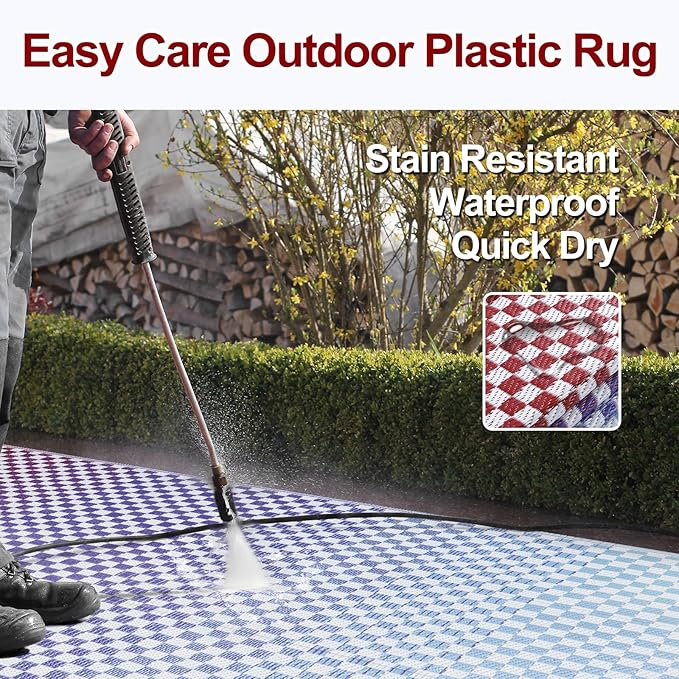 Wonnitar 8x10 Waterproof Outdoor Rug - Blue Purple Ombre Checkered Patio Rugs, Lightweight Reversible Mat for Deck Porch RV Picnic, Large Camping Carpet with Colorful Grid Design