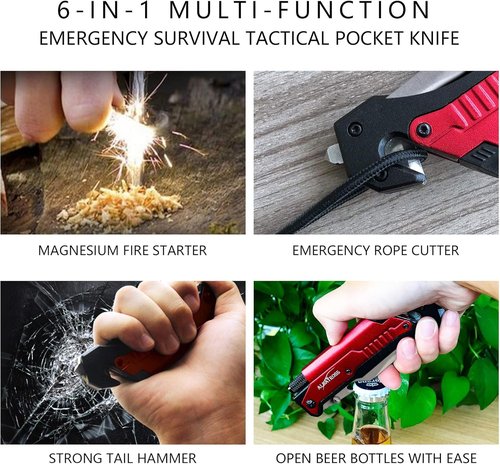 ALBATROSS 6-in-1 Survival Tactical Military Folding Pocket Knives with LED Light,Seatbelt Cutter,Glass Breaker,Magnesium Fire Starter,Bottle Opener;Multi-Function Emergency Tool(Black)
