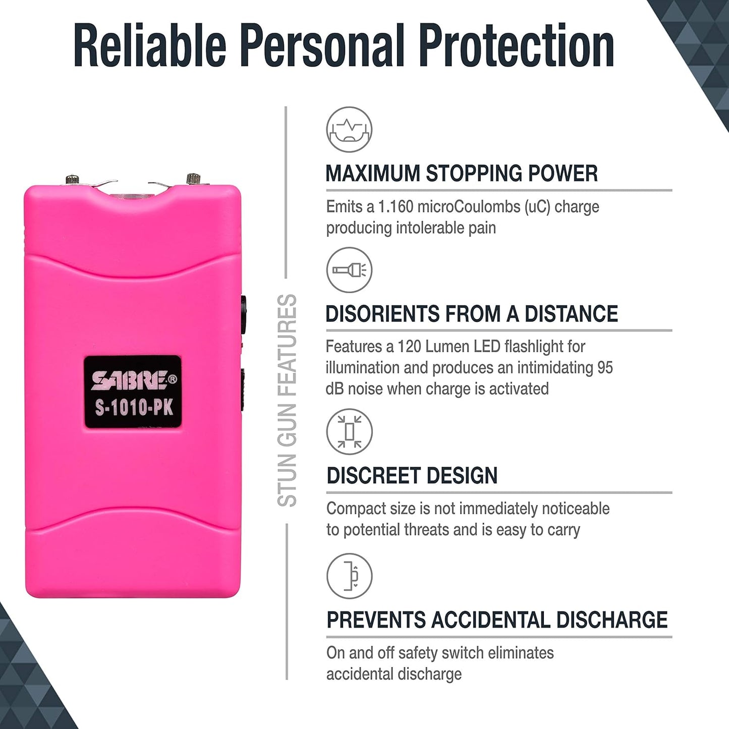SABRE 2-in-1 Stun Gun with LED Flashlight, Self Defense Stun Gun with Painful 1.160 µC Charge, 120 Lumens, Rechargeable Battery, Easy to Use Safety Switch, Belt Holster for Quick Access