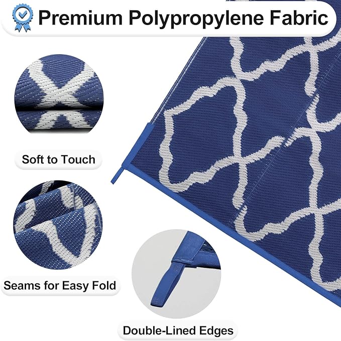 OutdoorLines Outdoor Plastic Area Rugs for Patio 6x9 ft - Reversible Outside Carpet, Stain & UV Resistant RV Mats, Straw Rug for Camping, Deck Garden, Porch and Balcony, Moroccan Navy & Light Grey