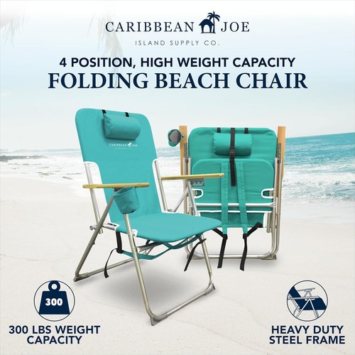 Caribbean Joe Folding Beach Chair, 4 Position Portable Backpack Foldable Camping Chair with Headrest, Cup Holder, and Wooden Armrests, 300 lb Capacity