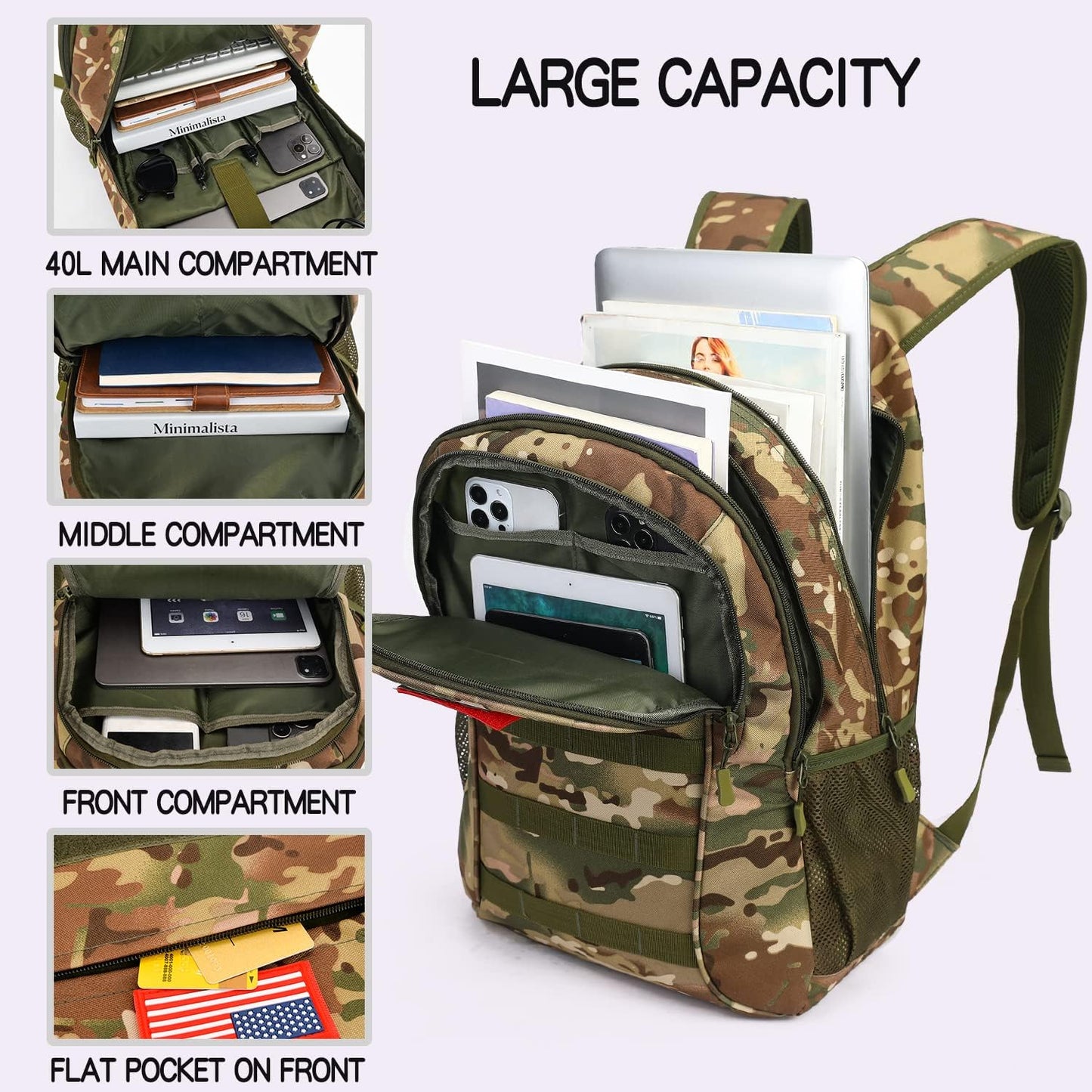 outdoor plus Camo Backpack,Military Boys Backpacks for School,40L Army Bookbag with USB Charging Port Waterproof