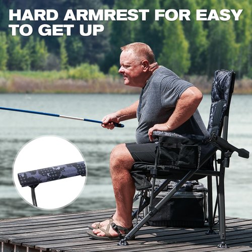 Oversized Camping Chair, Heavy Duty Support 350 LBS Folding Chair, Feet Rotatable Padded Fishing Chair with Rod Holder, Cup Holder, Side Pocket, Hard Armrest for Beach, Fishing,Trip,Picnic,Lawn