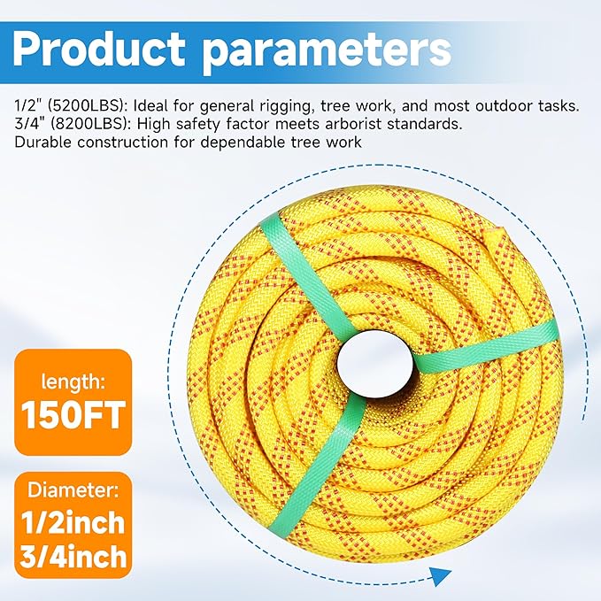 Rigging Rope 1/2 in x 150 Ft Double Braided Polyester Rope Polyester Braided Arborist 48 Strands for Various Outdoor Applications Construction Climbing Swing Sailing (Yellow, 1/2X150FT)