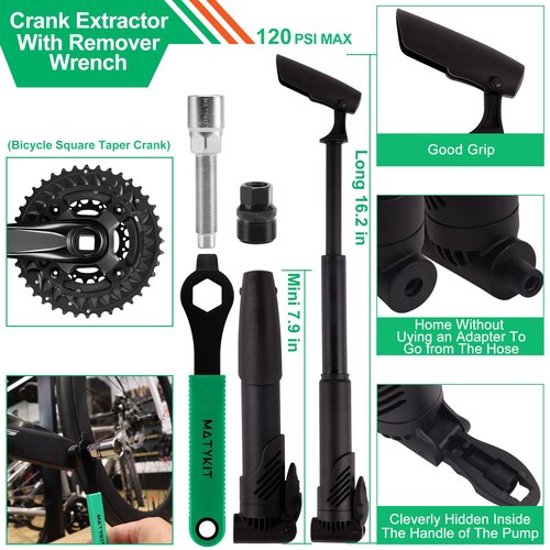MatyKit Bike Tool Kit With Tools Bag + Bicycle Pump + Bike Multitool + Crank Extractor and Wrench + Bone Wrench + Tire Lever + Glueless Patches Set
